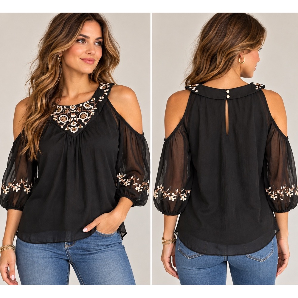 White House Black Market M Embroidered Top Sheer Cold Shoulder Blouse Beaded